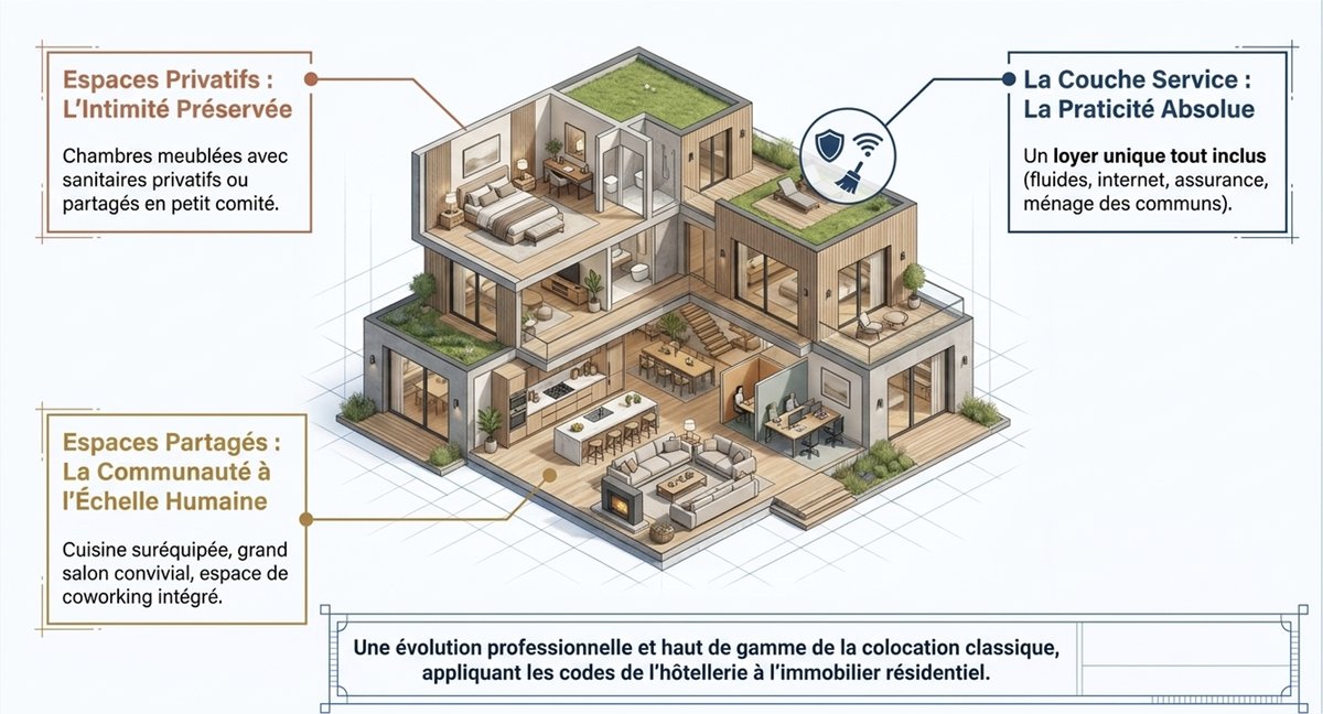 Coupe isométrique d'un coliving en 3 strates : espaces privatifs (chambres meublées avec sanitaires), espaces partagés (cuisine, salon, coworking), couche service (loyer tout inclus, fluides, internet, ménage)